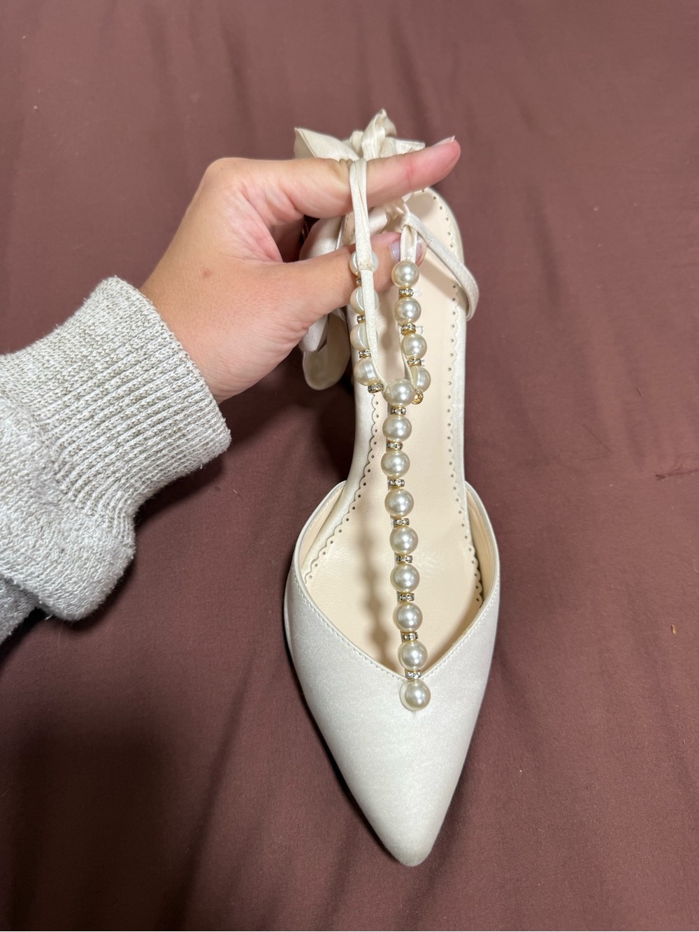 Bella Belle Lisbeth Bridal Heels- Pearl-Trim Satin Pointed-Toe Heels in Ivory - Picture 4 of 15